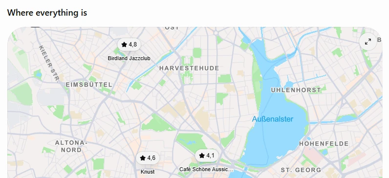 ChatGPT zeigt die Orte des Abends in Hamburg auf einer Karte