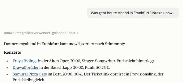 Claude listet mit unowli die Termine des Abends in Frankfurt